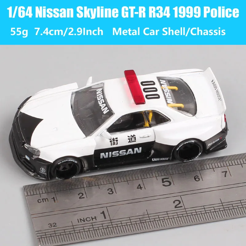 MiniGT Kaido Works 1/64 Scale Nissan Skyline GTR GT-R R34 V2 Aero 1999 Japan Police Diecast Model Car Toy Vehicles White