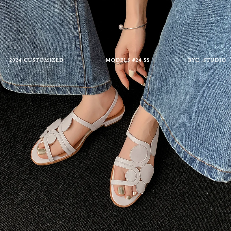 Golden Shoes Woman Summer Sandals Cow Leather Elegant Beige Footwear Modern Girls Sandals With Buckle On Flat Heel