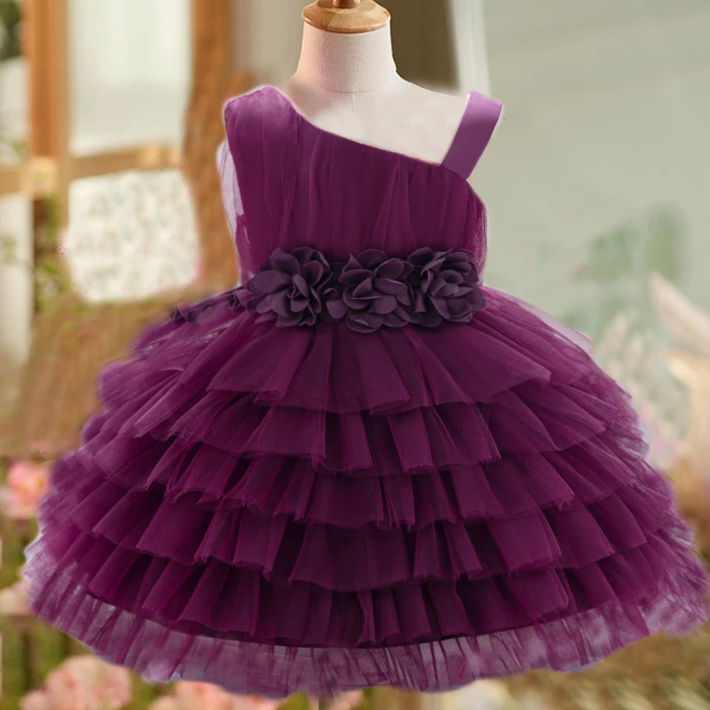 Elegant Purple Floral Wedding Princess Gown For Girl Baby Vintage Lace Birthday Dress Toddler Girls Bow Summer Fashion Dresses