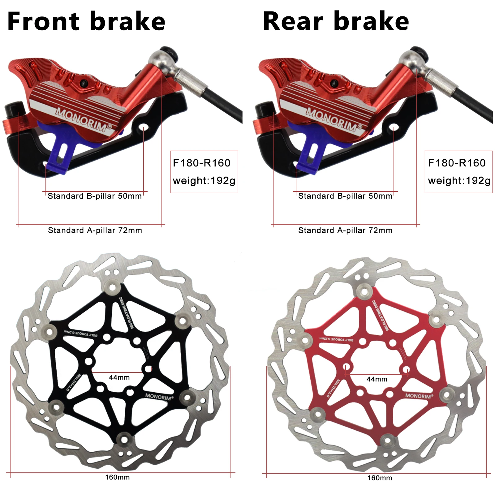 MONORIM EB01 4-Piston Mountain Bike Hydraulic Disc Brakes Hydraulic Bike Brakes Front 850mm and Rear 1750mm