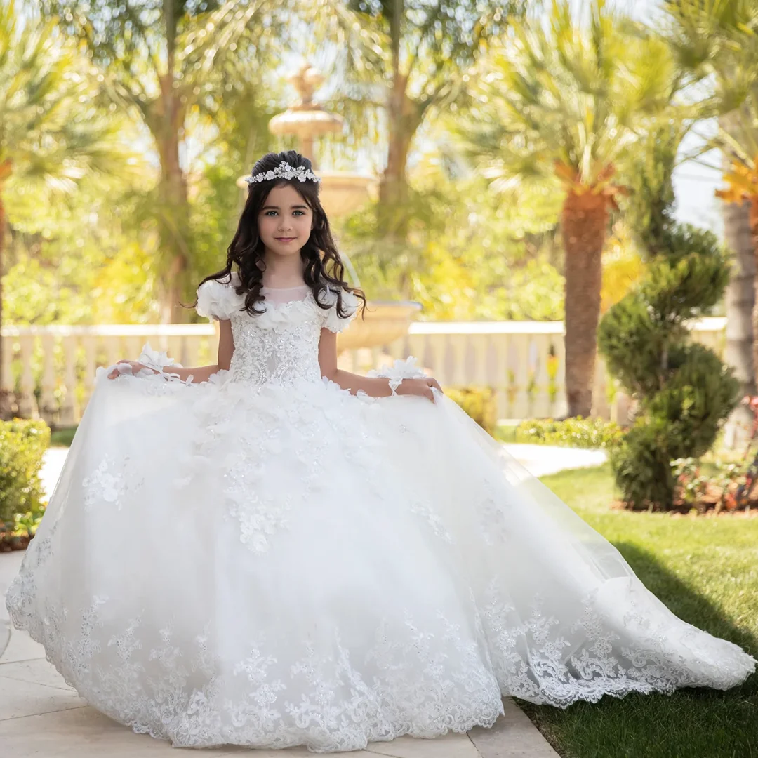 

Customized Ivory Flower Girl Dress Lace Floral Appliques Short Sleeve For Wedding Prom Birthday Event Banquet Princess Gown