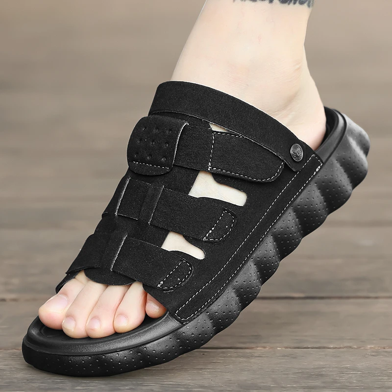 Leather Casual Sandals Outdoor Flat Strap Sandals Men Soft Breathable Comfort Daily Beach Slipper Summer Footwear Open Toe Shoes