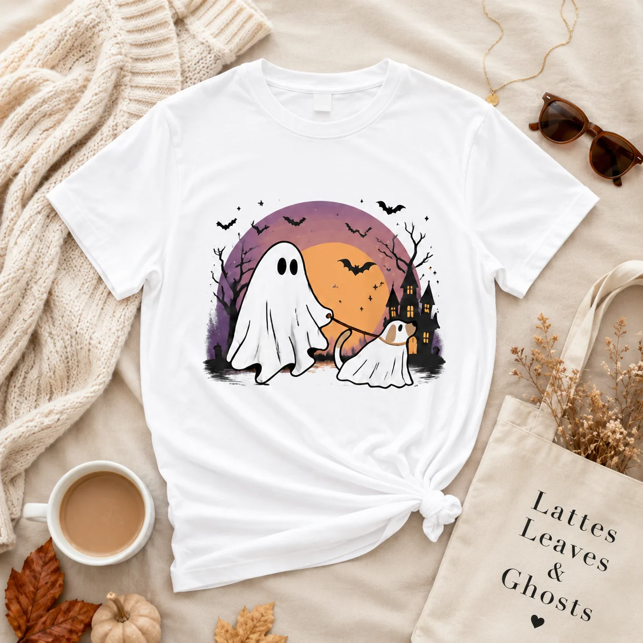 Halloween Dog Lover Graphic Women's 100% Cotton T-Shirt, Ghost Walking Ghost Dog Haunted Castle Bat Sunset Fall Casual Top