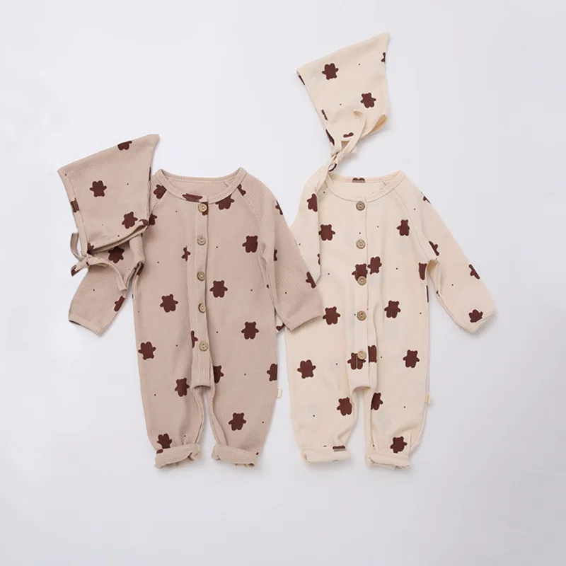 2 Pcs Newborn Baby Romper For 0-24M Organic Cotton Baby Jumpsuit + Hat Autumn Spring Long Sleeve Baby Boy Girl Clothes