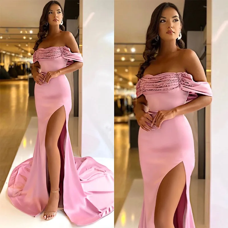 Sexy Pink Mermaid Prom Dress Pleats Sequins Off Shoulder Evening Dresses Elegant Thigh Split Dresses for Special Occasion