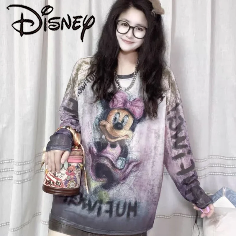 Disney Minnie Mouse Long Sleeve T-Shirt Fashion Woman's Vintage Round Neck Printed Top Autumn Winter Loose Bottom Shirt Gifts