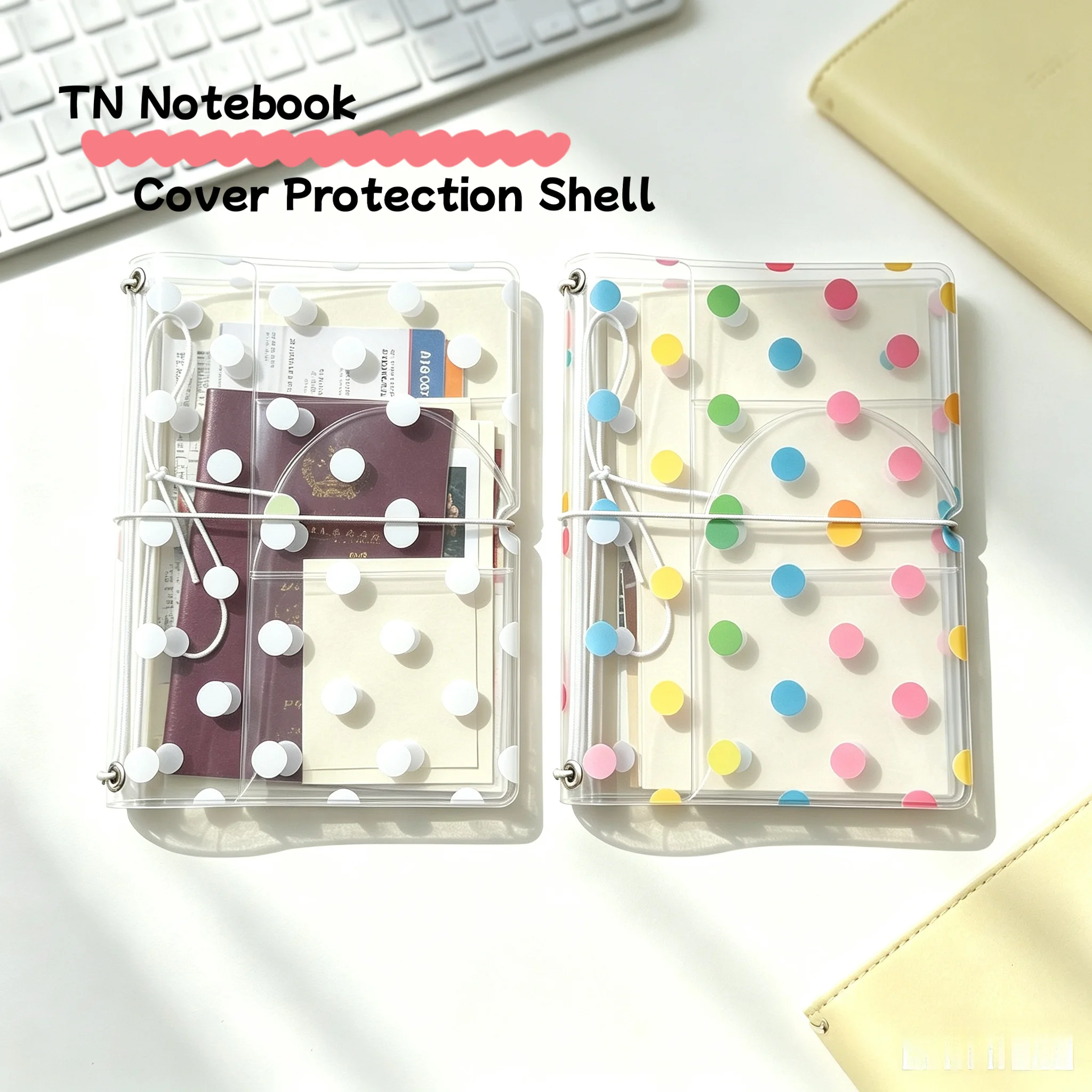 Porte-passeport durable à motif à pois, design avec bande élastique, couverture de passeport transparente, couverture de carnet de voyage transparente et portable.