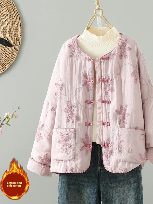 

Аутентичная новая китайская хлопковая куртка в стиле ретро, женская верхняя одежда с цветочной вышивкой, футболка с объемной строчкой