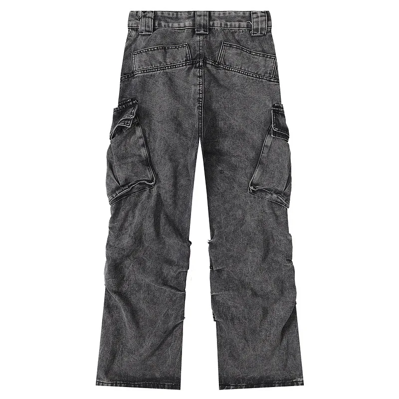 Men's Fashion Oversized Hip Hop Cargo Jeans Pants With Pockets Washed Vintage Denim Trousers Loose Fit Y2K Vibe Style Jeans