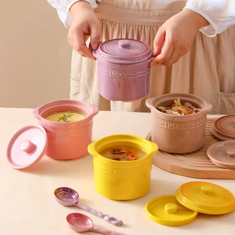 Kitchen Cooking Tools Double Lid Ceramic Bowl,Bird's Nest Steamed Egg Bowl Dessert Cup Stockpot for Boiling, Simmer Cooking Pot