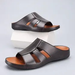 Men's plus size leather slippers with super strong elasticity, stylish, non slip and wear-resistant slippers
