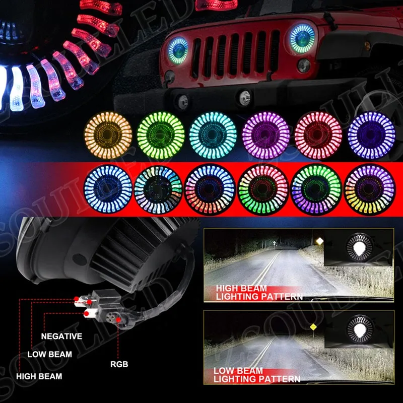 RGB Chasing LED Headlight Auto Lighting System 7 inch 3D APP Control LED Headlight used for Jeep Wrangler JK