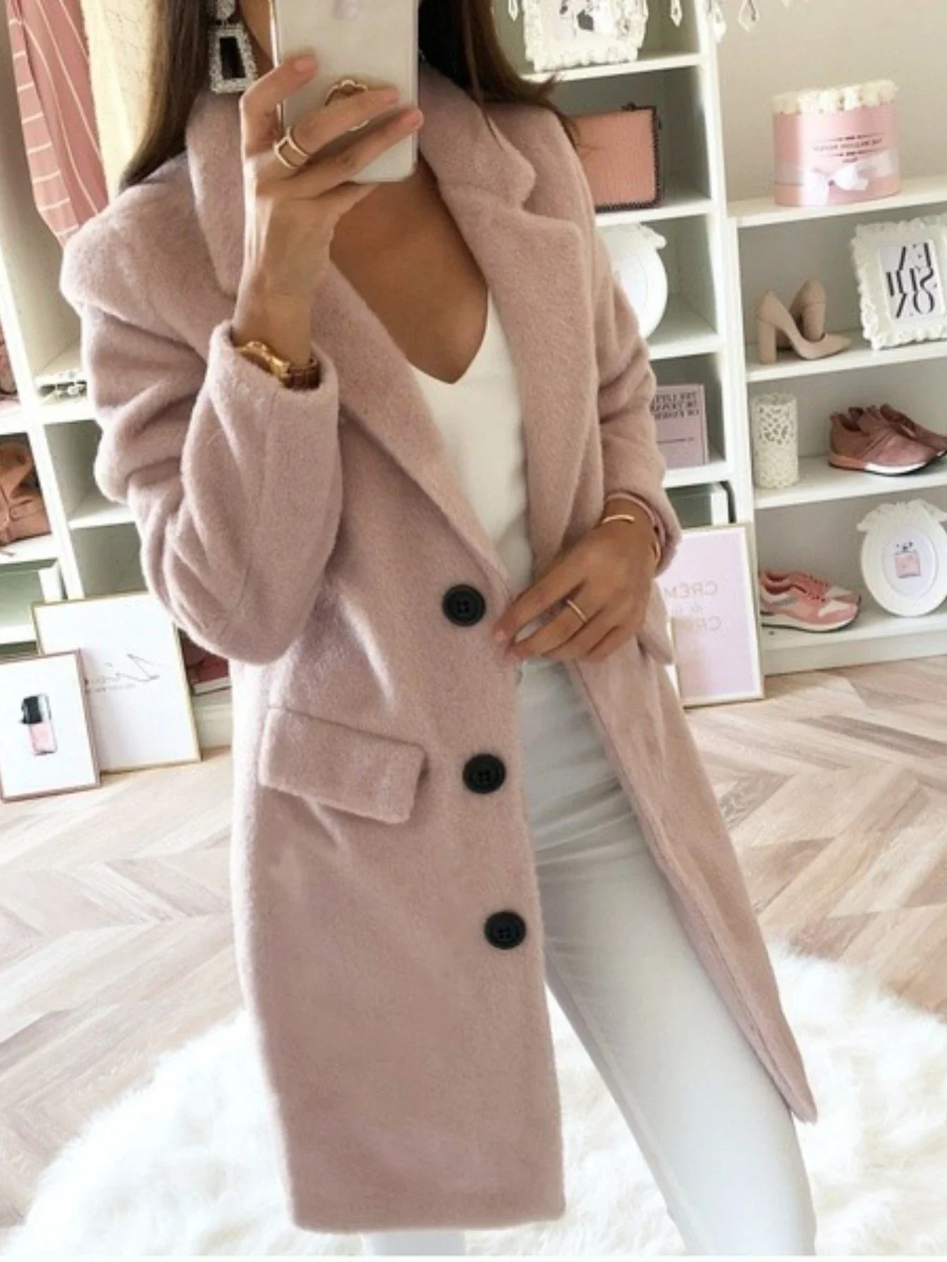 Ladies Chic Solid Color Mid Length Fuzzy Coat Lapel Collar Button Front Winter Warm Outer Jacket