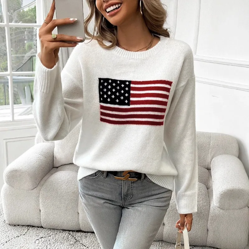 2025 New Women's American Flag Easter Knit Sweater Oversized Comfortable Loose Fit Round Neck Pullover for Independence Day