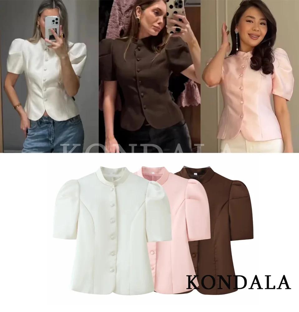 KONDALA Damen Elegante Puffärmel Trendige Oberteile Einreihiger Stehkragen Kurzes Top Neue Mode 2026 Frühling Sommer Damen-Oberteile