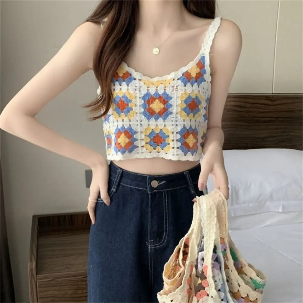 

Summer Beach Sweet Short Hot Tops Floral Print Slim Cotton Cardigan Crochet Crop Tops Embroidery Vest Female Camisole