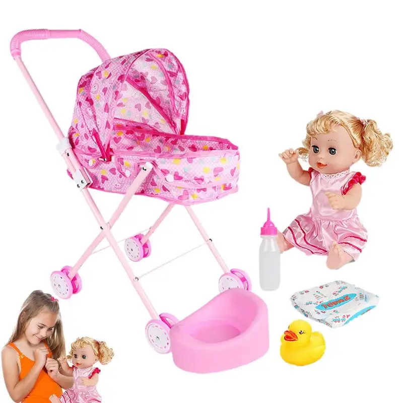 Baby Stroller Doll Playsets Simulation Baby Dolls Stroller Carriage With Feeding Accessories Deluxe Newborn Babys Doll Stroller