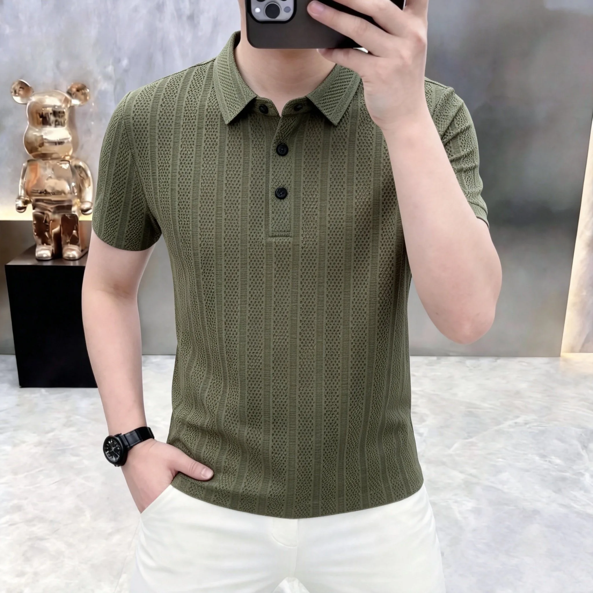 Summer Men's Polo Shirt- Breathable Ice Silk Top- Fashion Stripes- Versatile Men's T-Shirt