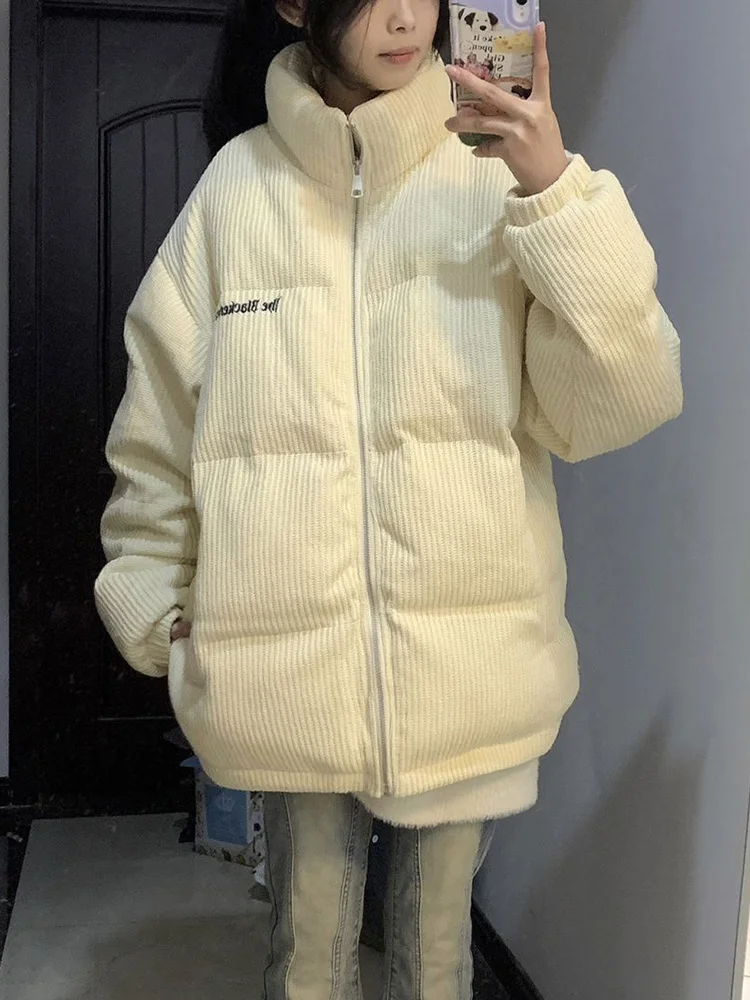 Винтажные вельветовые парки с надписью, женские пышные пальто с воротником-стойкой и длинными рукавами, свободная куртка в американском стиле ретро в консервативном стиле, новинка