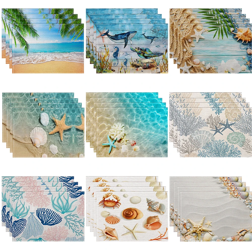 Hot Summer Beach Placemats Starfish Beach Theme Ocean Shell Printing Dust-proof and Heat-insulating Summer Placemats