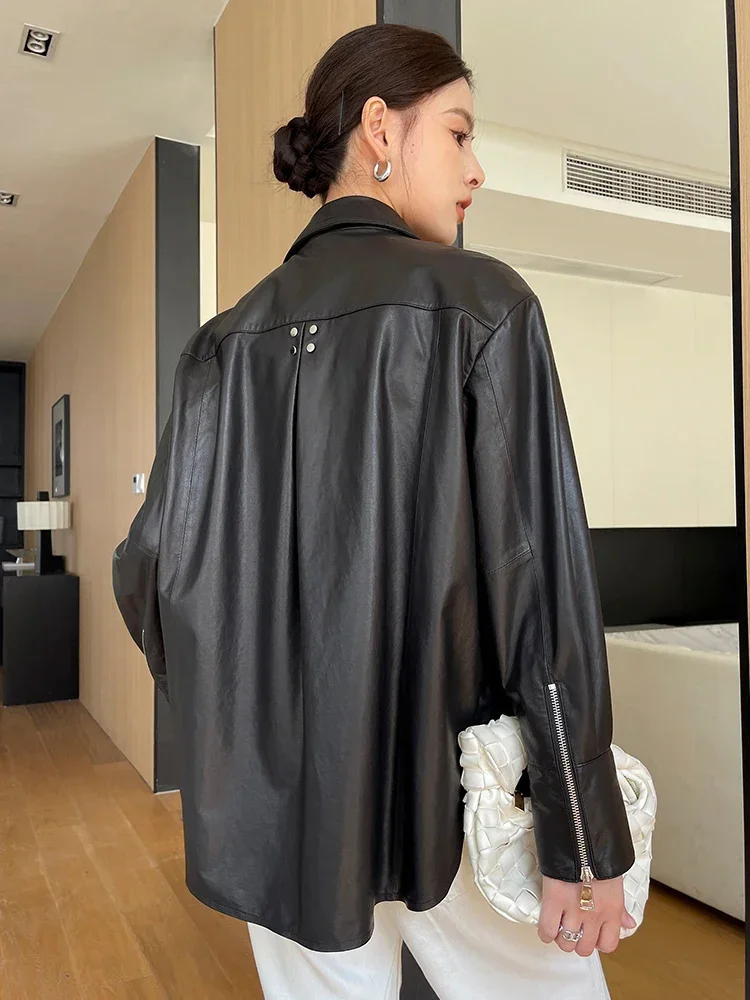 Women\'s Black Sheepskin Coat Spring Autumn 2024 Trend High-end Simple Loose Casual Zipper Genuine Leather Jacket