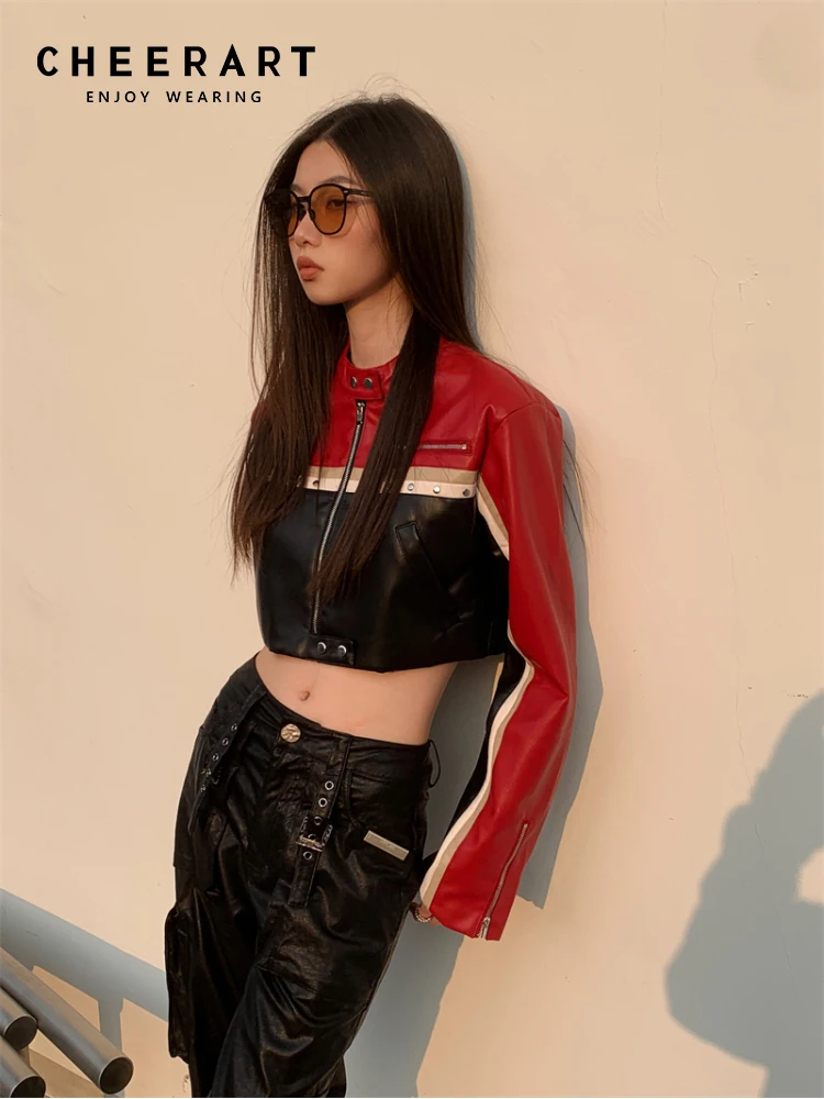 CHEERART Fall Fashion Motorcycle Leather Jacket Women 2023 Black Red Zip Up Patchwork Biker Cropped Jacket Autumn Clothes