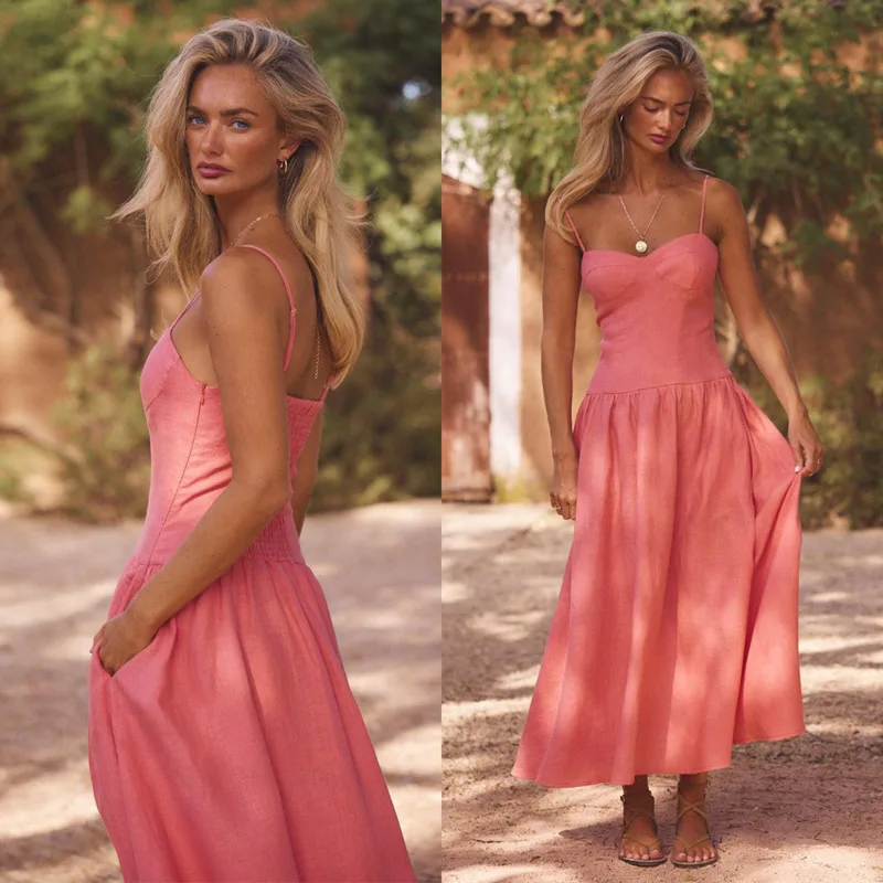 

Elegant Slim-Fit Spaghetti Strap Dress Classic Cotton Solid Sleeveless Maxi Dress Women's Summer Casual Everyday Long Dress New