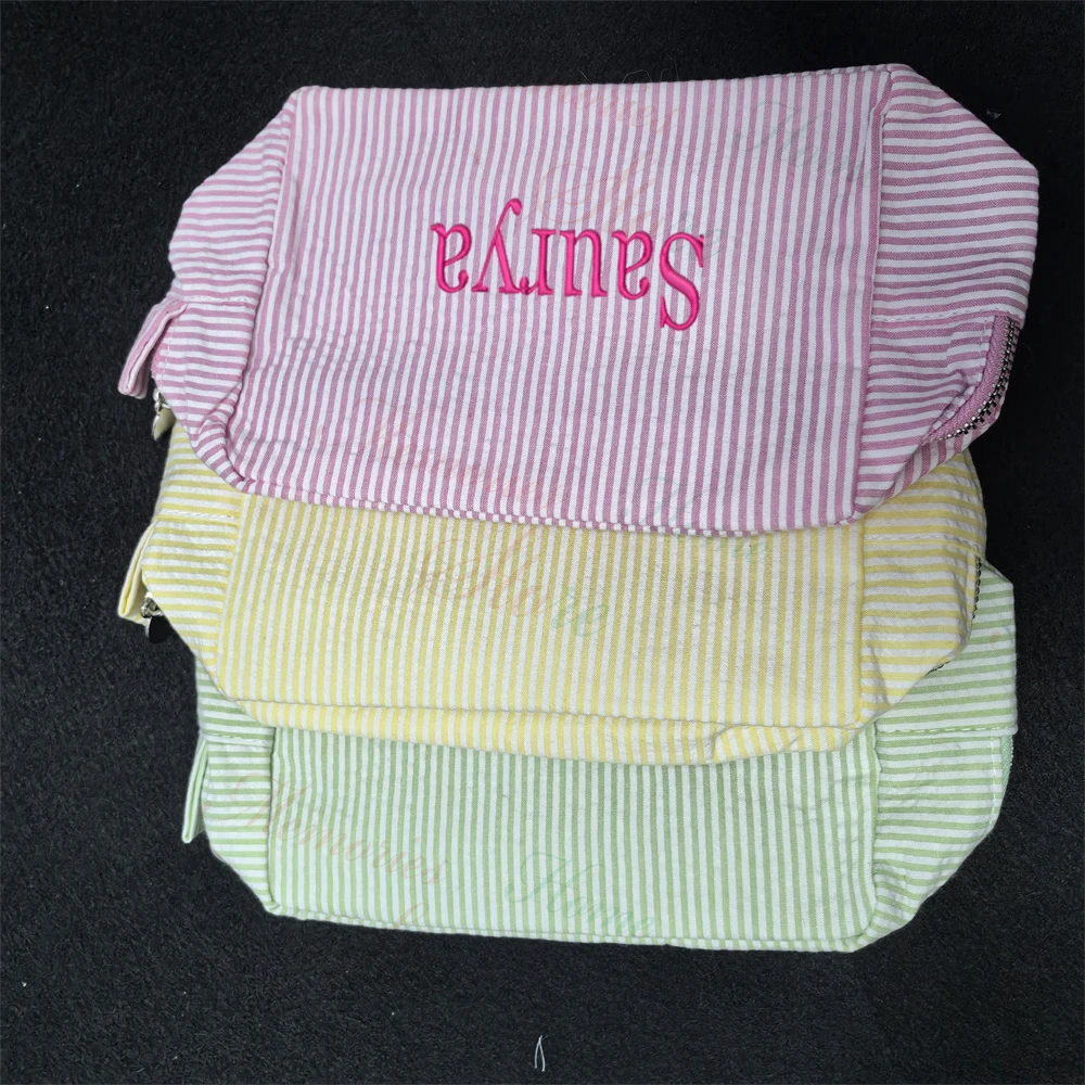 

Custom Striped Makeup Bag for Travelling Personalized Name Women's Portable Toiletry Bag Embroidery Name Makeup Storage Bags