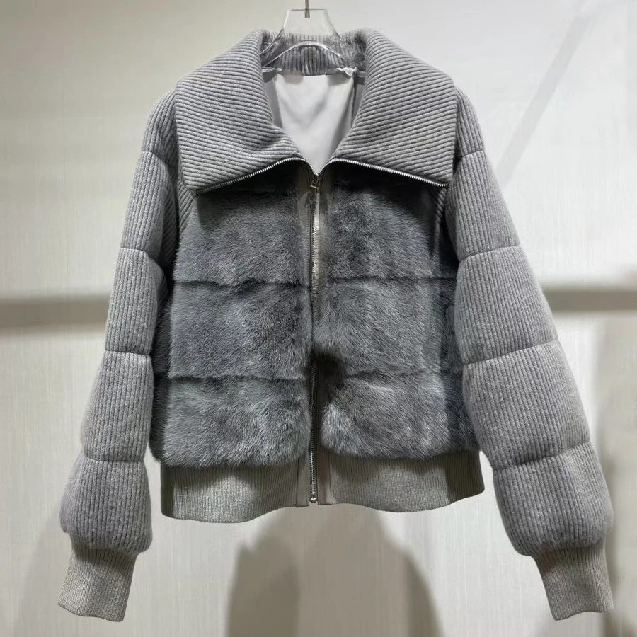 Cashmere Wool Mink Down Coats Short Natural Fur Puffer Jacket With Collar Bomber Jacket Luxury Winter Down Coat For Women