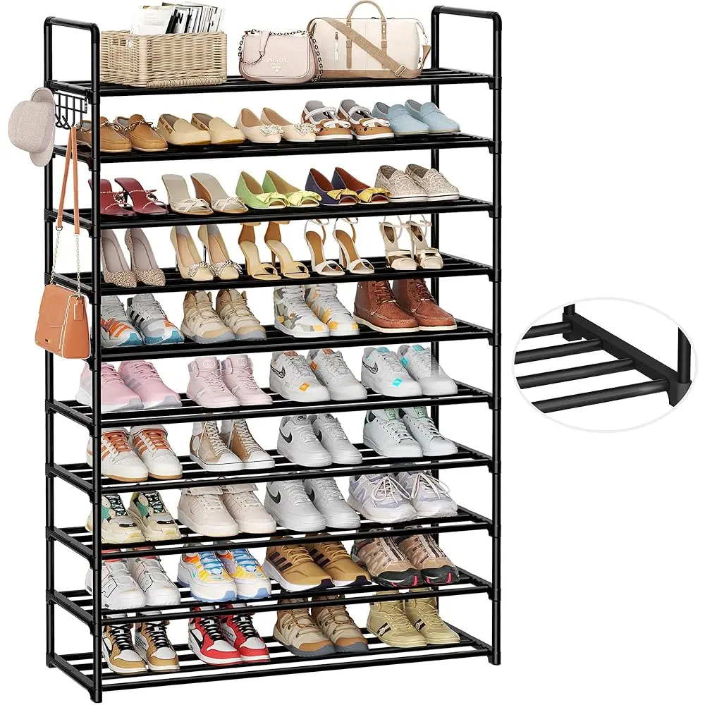 

10-Tier Shoe Organizer - Large Metal Shoe Ra With Hooks, Fits 40-50 Pairs, I For Closet, Entryway, Garage, Bedroom