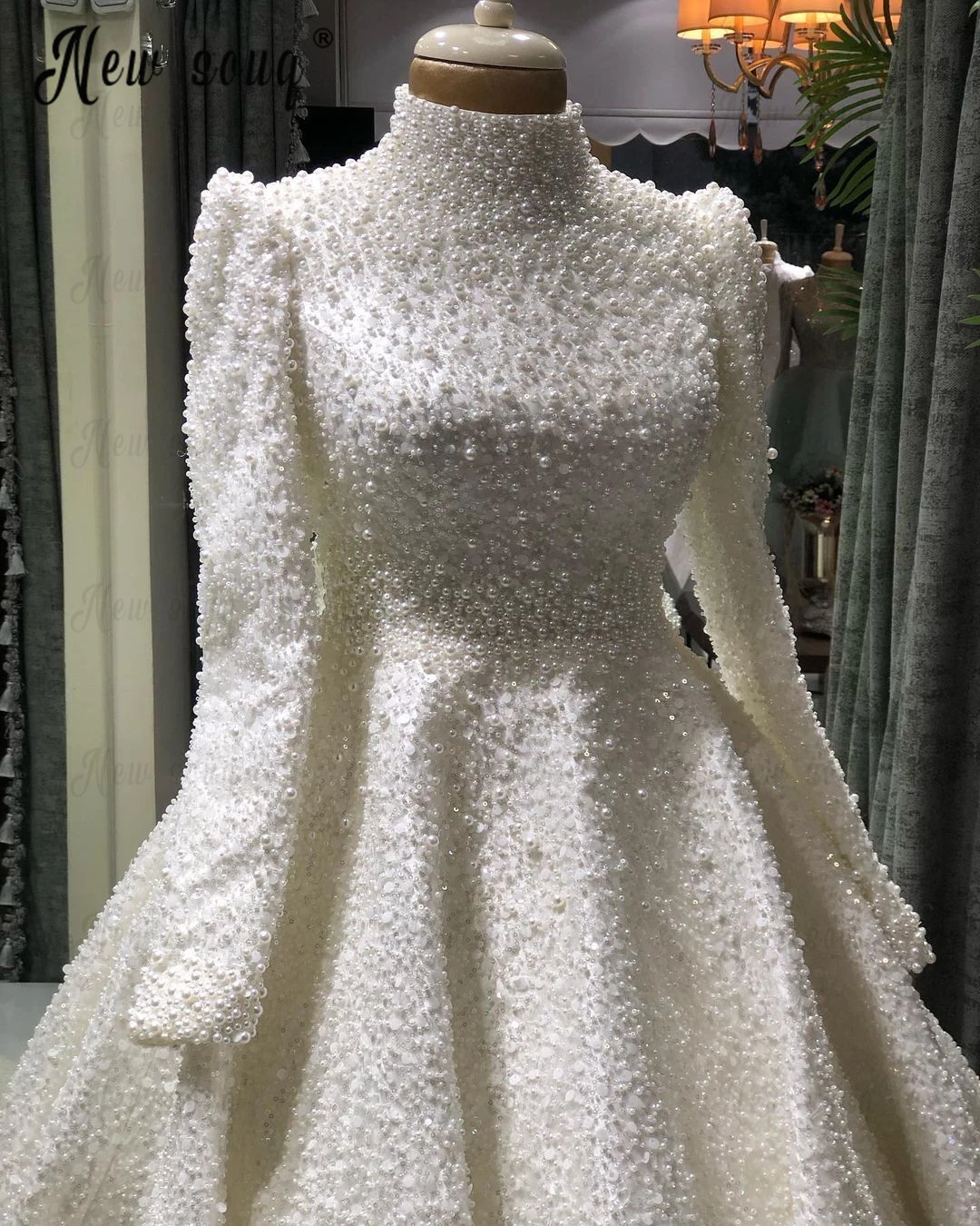 Vestido De novia musulmán De satén con perlas completas, talla grande, hecho a medida, Oriente Medio, marfil, lujo