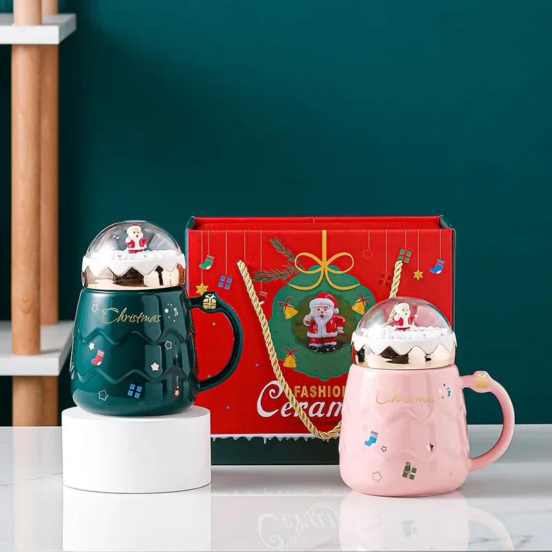 Cute Santa Claus Ceramic Cup Creative Snowball Landscape Cover Cartoon Mug Water Cup