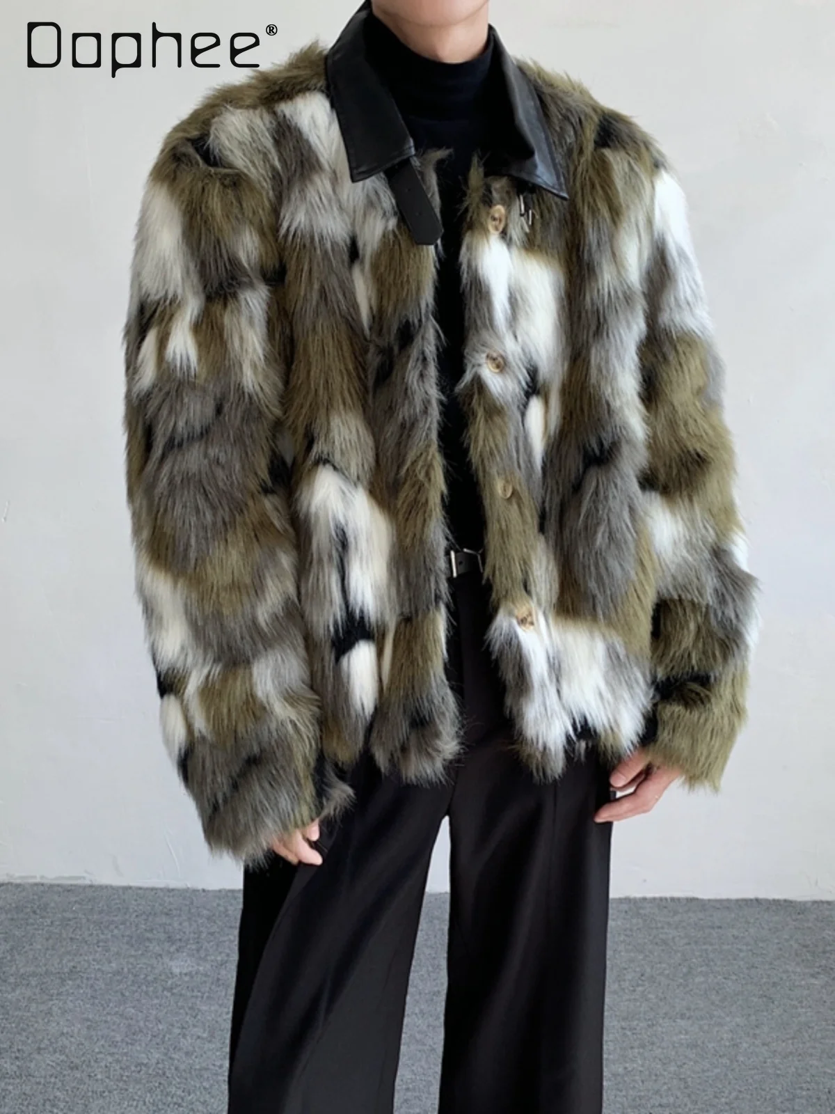 

Winter Retro Fashion Patchwork Color Trendy Warm Plush Eco-Friendly Fur Men Clothing Jacket Short Personality Street Fur Jacket