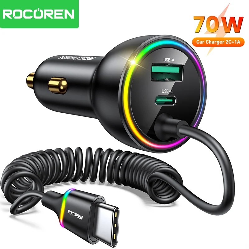 

Rocoren 70W USB Car Charger Fast Charge PD 35W USB C Car Charger with Spring Charging Cable Type C Car Charger for iPhone Xiaomi