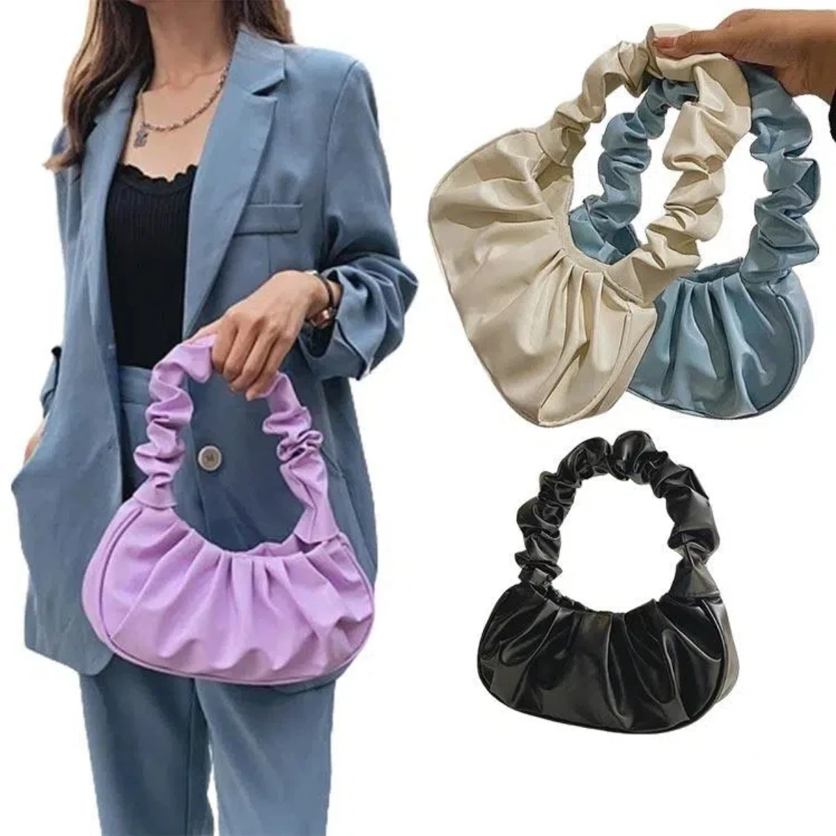 Fashion Pleated Handlebags for Women PU Cloud Bags Leisure Armpit Bag Shopping Shoulder Bags Dumpling Handbag Female Hand Bags