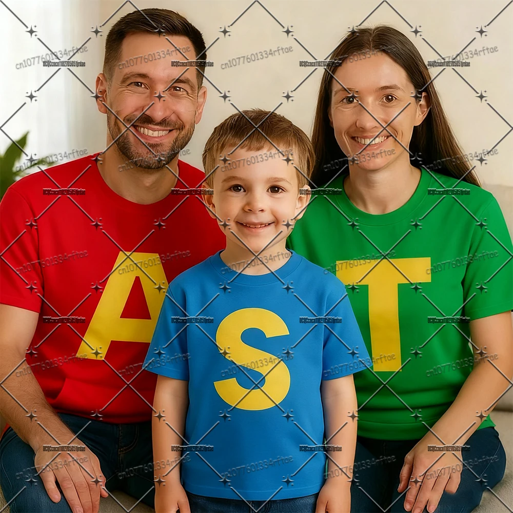 

Alvin and The Chipmunks Red Green Blue Tshirts For Adult/Kids S/P Movie Promo A/S/T Letter T-shirts Parent Child Clothes