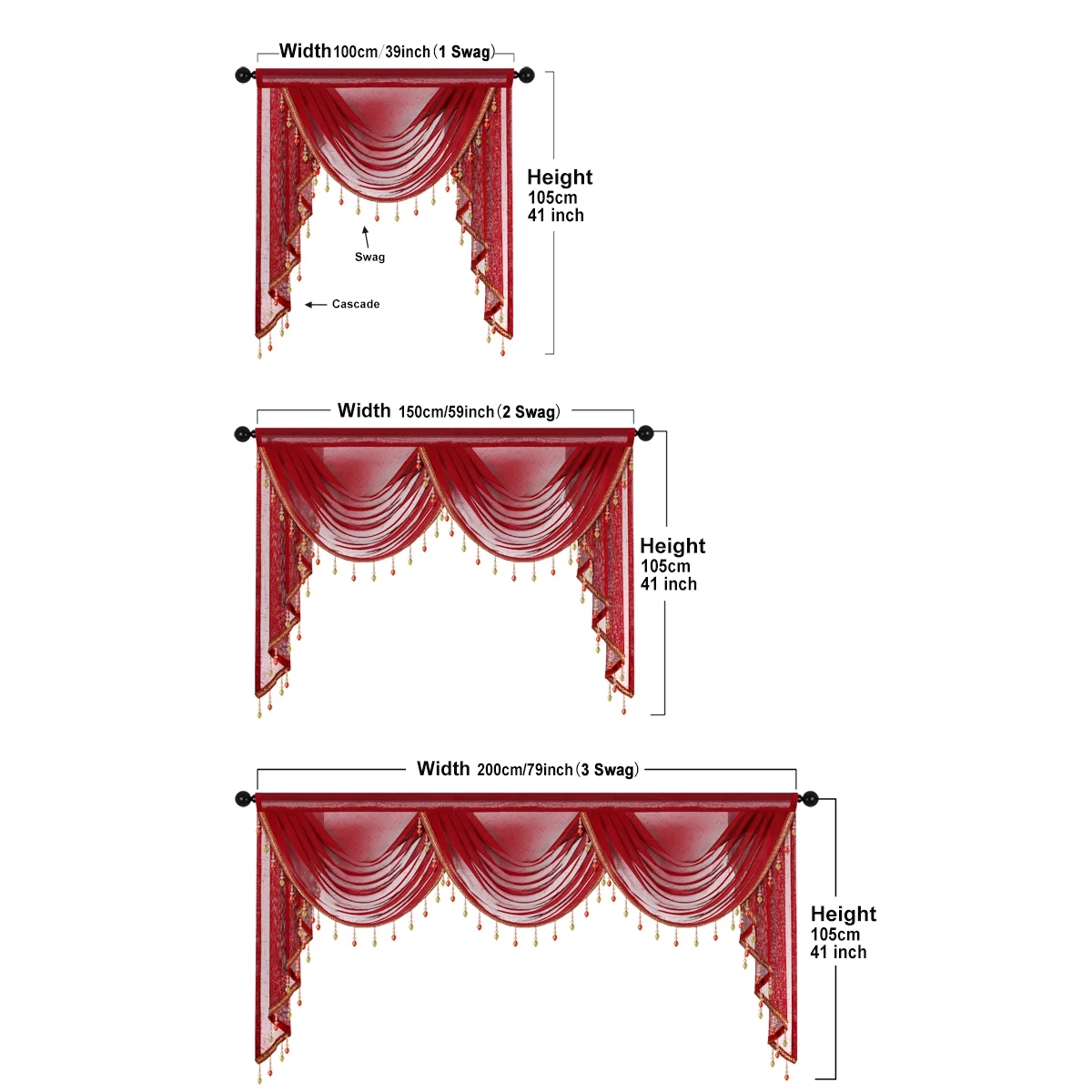 1pc Festive Red Waterfall Swag Valance, Rod Pocket, European Wave Window Curtain Valance with Beads for LivingRoom Decor