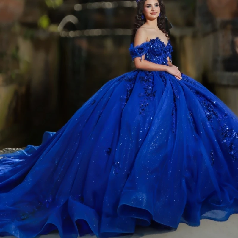 

Royal Blue Shiny Princess Off the Shoulder Sweet 16 Dress Quinceanera Dresses Applique Lace Beading Crystal Tull Party Birthday