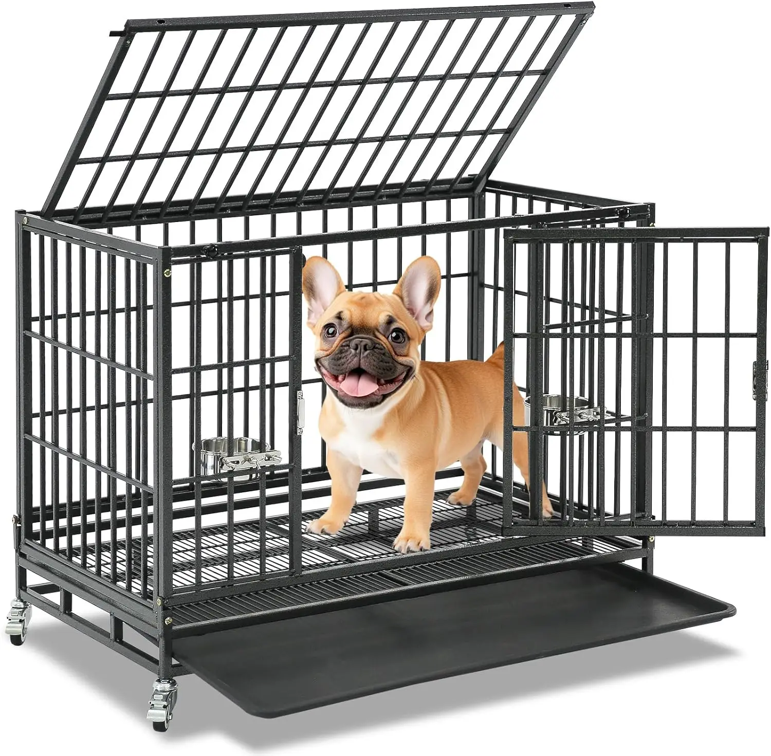 

37 Inch Heavy Duty Stackable Dog Crate with Wheels, Escape-Proof Lock, Removable Tray for Medium/Small Dogs