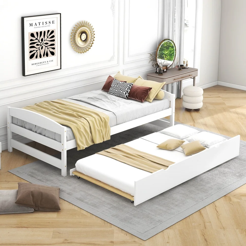 Twin Size Platform Bed with Trundle Low Profile Easy Assembly Solid Pine Wood Daybed Kids Safe Storage Sleepover