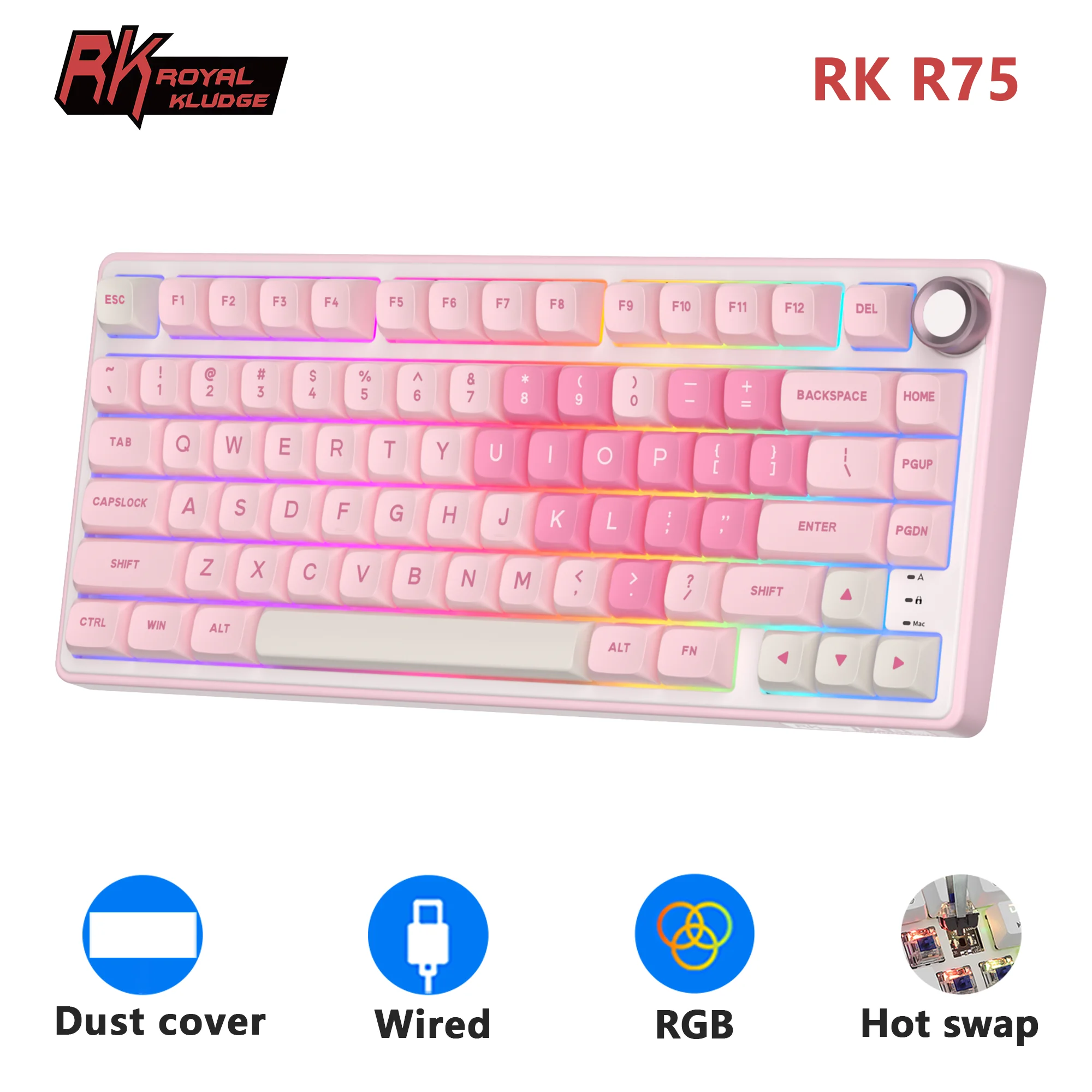 

Royal Kludge RK R75 Pink Wired Mechanical Keyboard Gasket Hot-swappable 80 Keys RGB Backlit PBT Keycap Gamer Keyboard Metal Knob