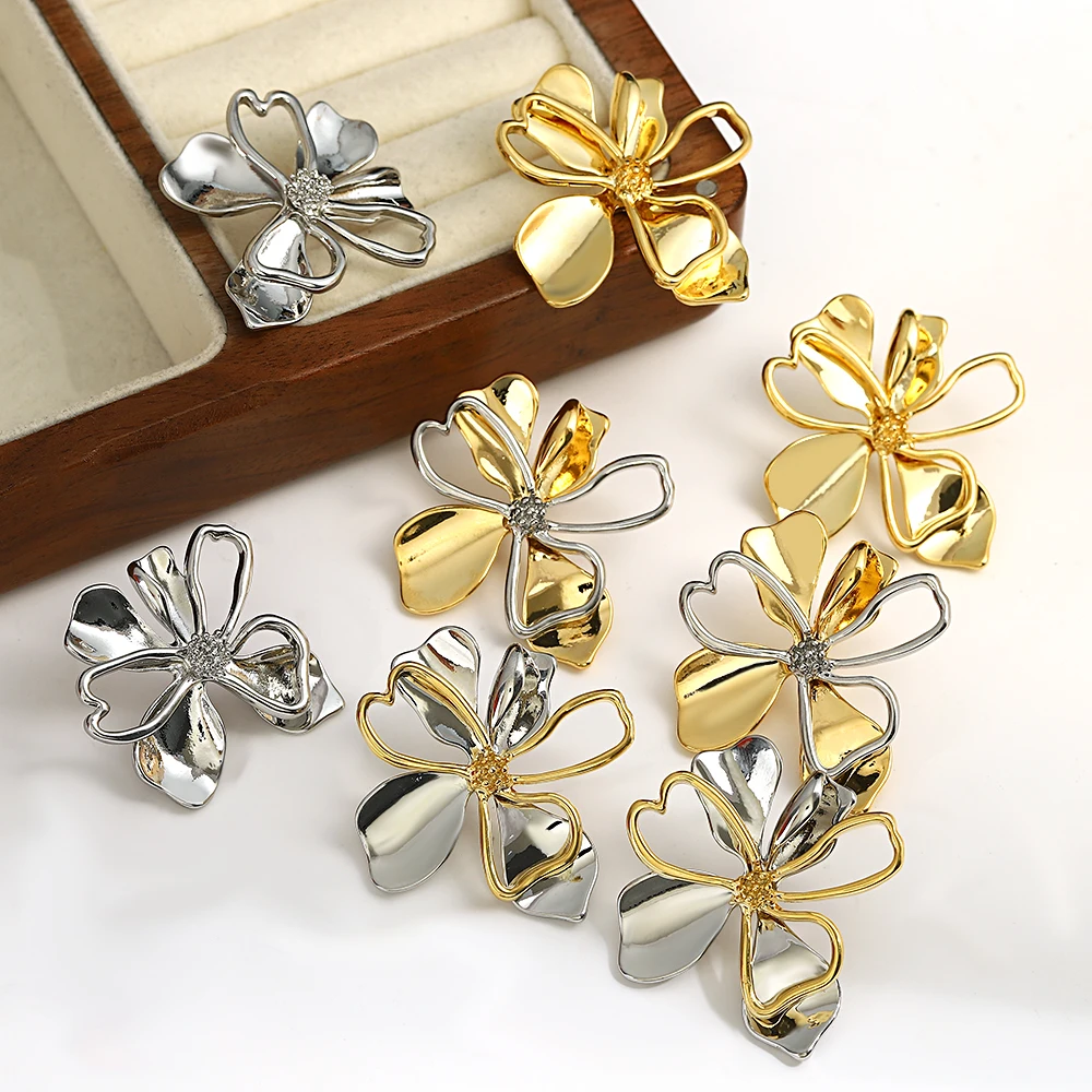 Lifefontier Punk Gold Silver Color Contrast Metal Flower Stud Earrings For Women Temperament Floral Earring Party Jewelry Gifts