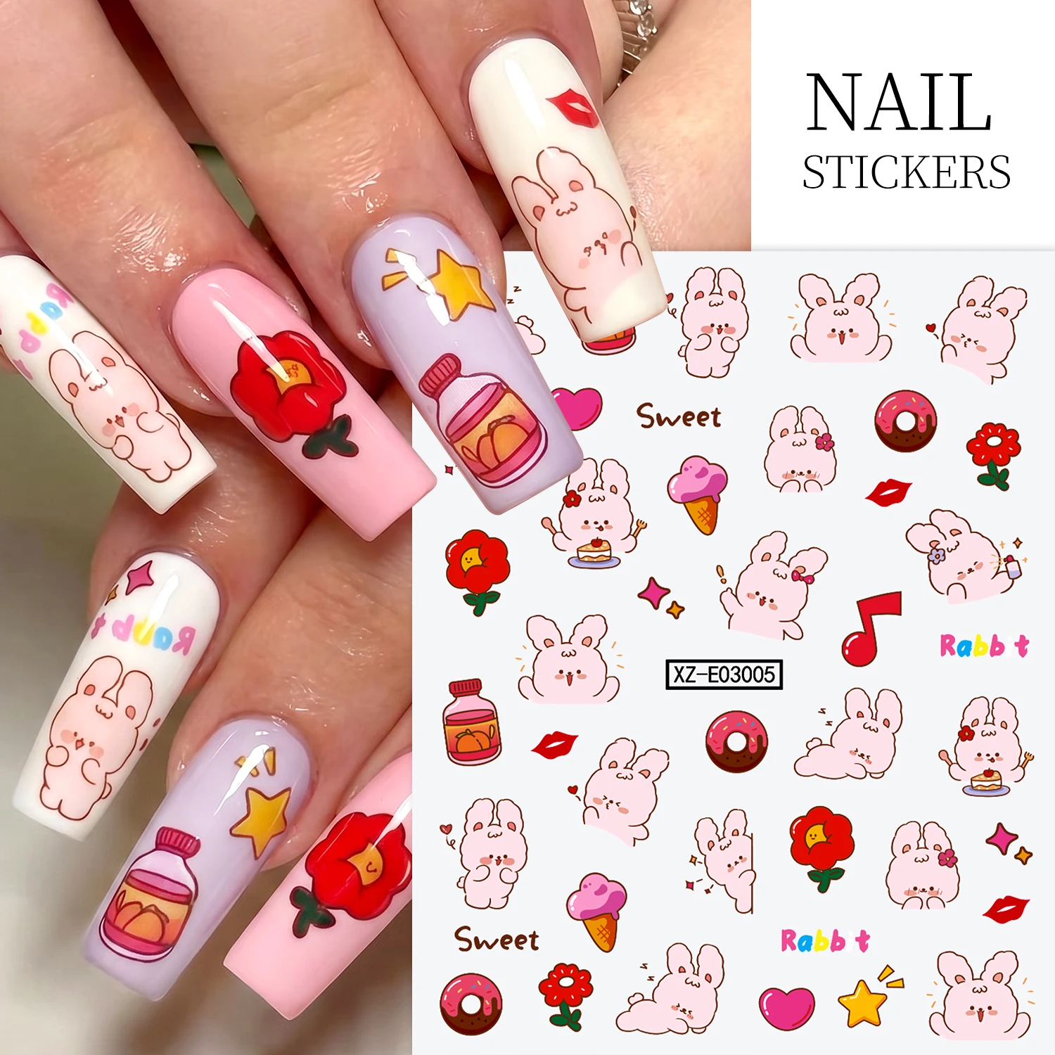 1Pcs Kawaii Pink Ribbit Nail Stickers Flower Donut Ice-Cream Bunny Self Adhesive Nails Decals Kid Girl Cartoon Manicure Sliders
