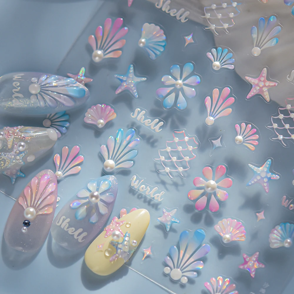 5D schimmernde Strandmuscheln, Seestern, Jakobsmuscheln, Muscheln, Fischernetze, Muscheln, Pastell, Seestern, Perlen, selbstklebender Maniküre-Aufkleber