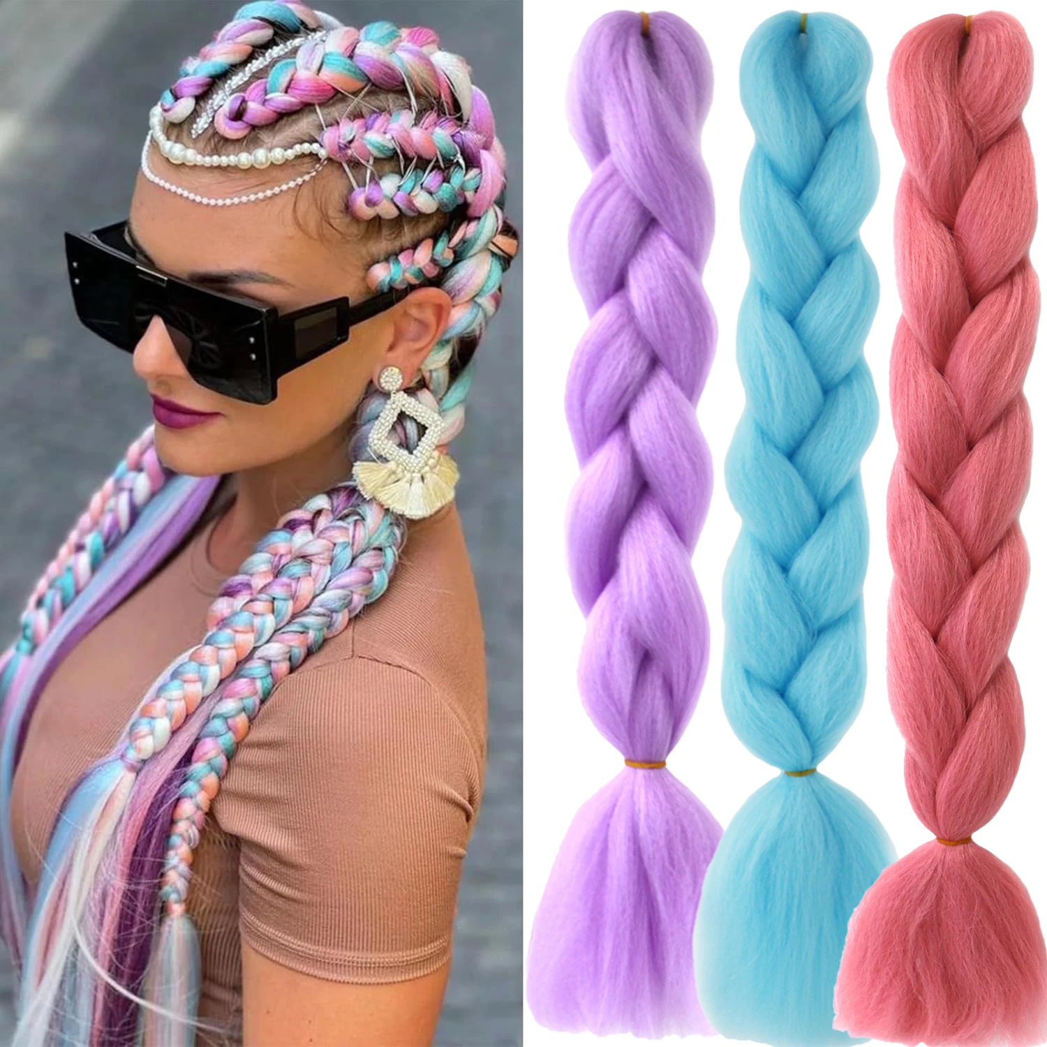 Extensiones de cabello trenzado de fibra de tamaño gigante sintético, colores arcoíris, 24 pulgadas, para niñas y mujeres, Halloween y Navidad, 3 uds.