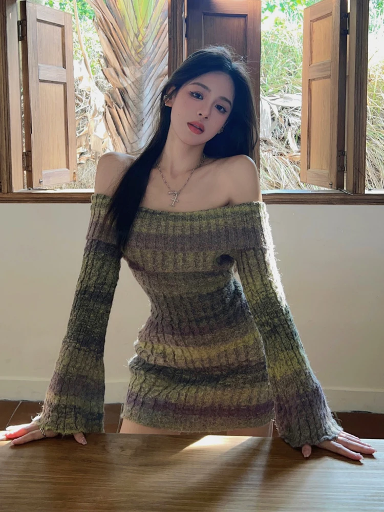 

plus Size Women's Sexy One-oulder Striped Knit Dr High Waist Bodycon Skirt Long Sve Casual Commute Sle Autumn Dr