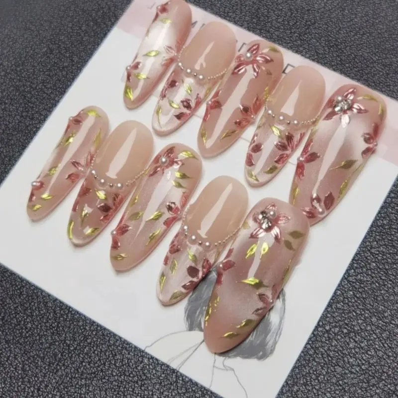 10Pcs Handmade Manicure Medium Almond Fake Nails New Cute 3D Limited Nails Press On Nails Design with Adhesive Nail File Set