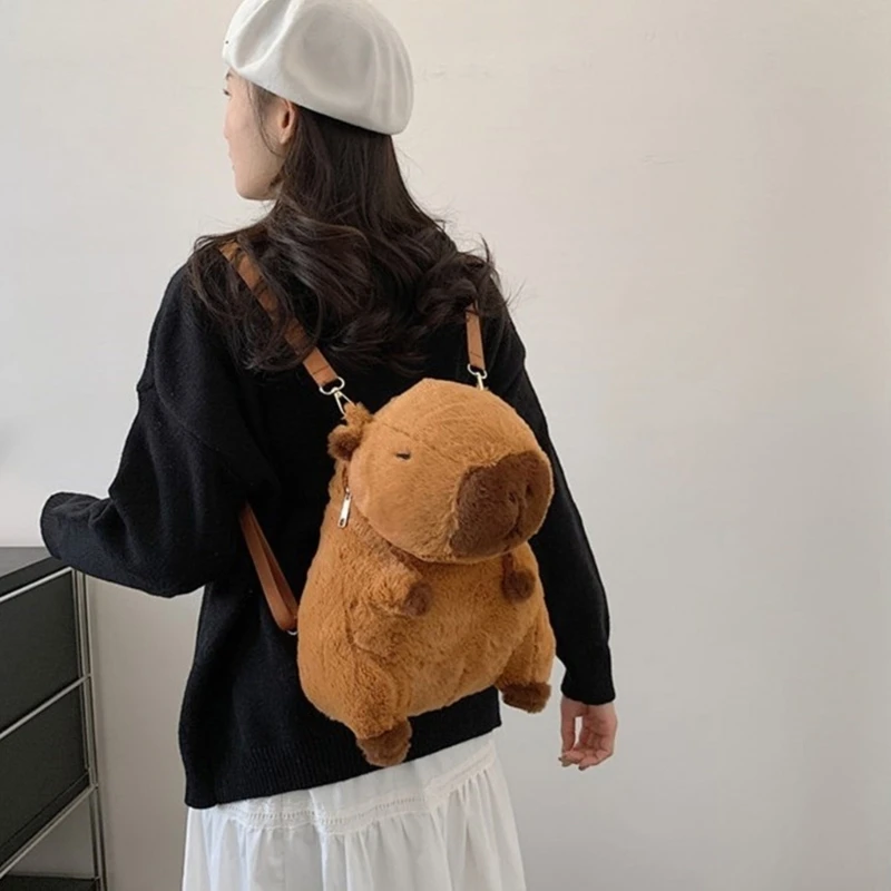 Plush Capybara Backpack for Girl Soft Animal Shaped School Bag with Adjustable Strap Shoulder Bags Crossbody Pack