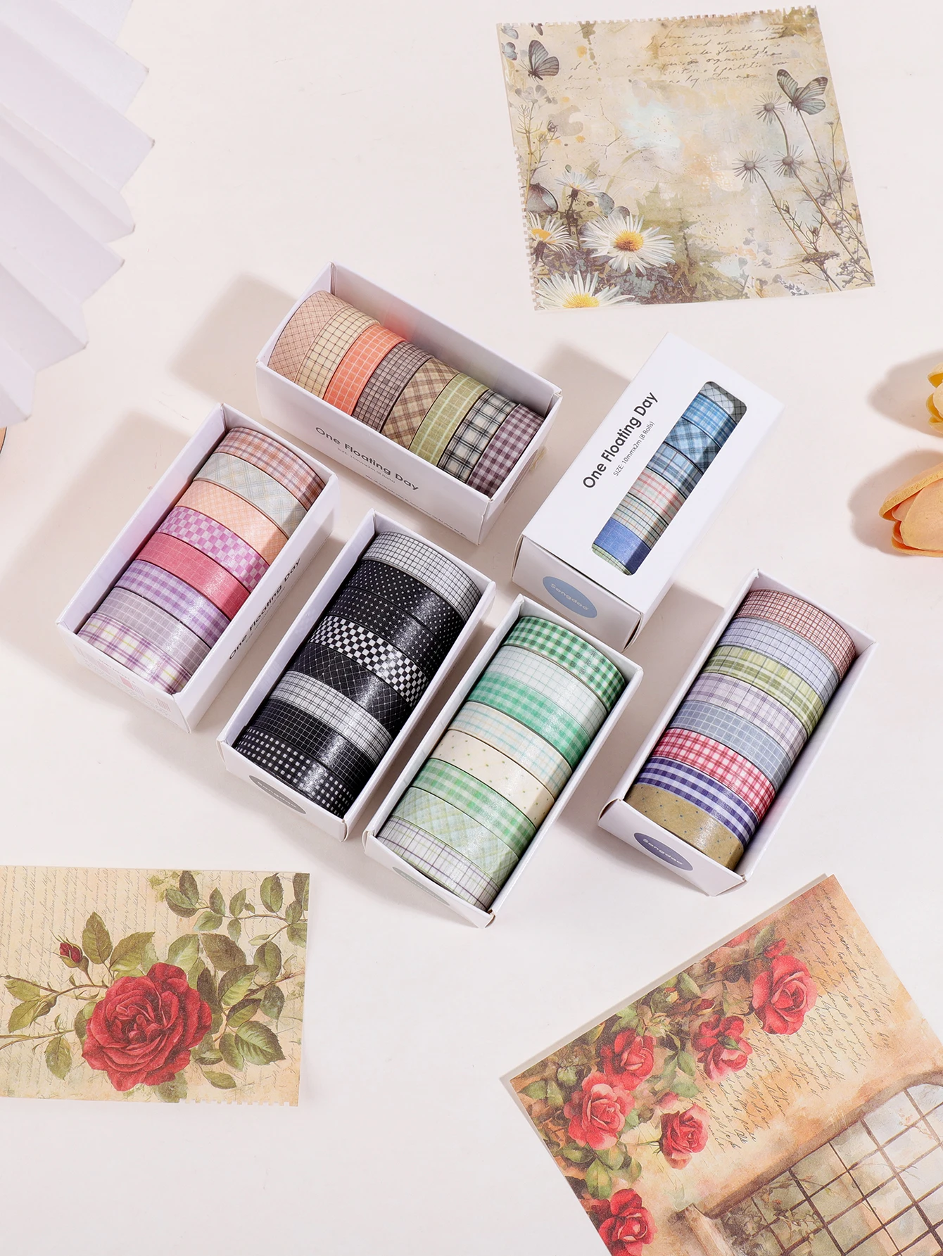 8 Rollen Ästhetisches Blumen-Washi-Tape-Set, Vintage-Blumen- & Karo-Dekorationsstreifen für Tagebuch, Planer, Scrapbook & DIY-Bastelarbeiten – Detail 10