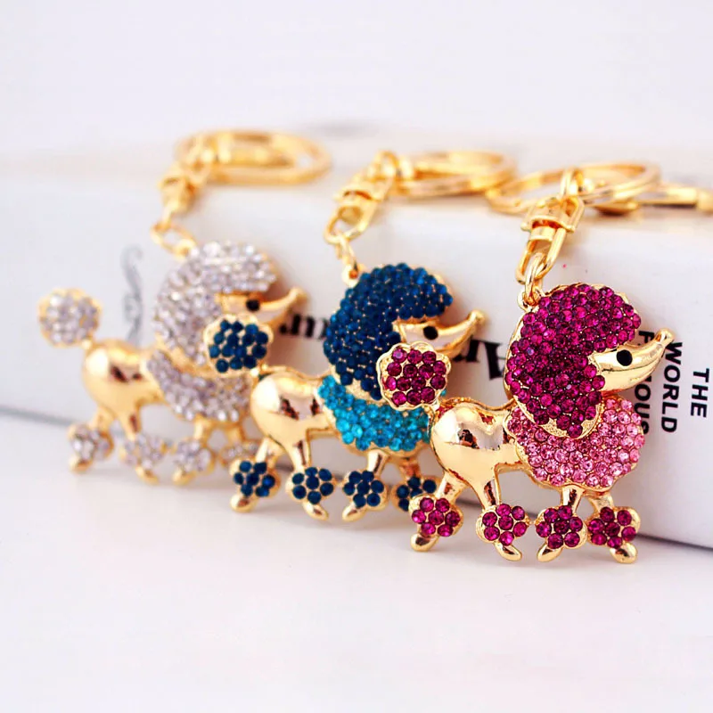 Cute Rhinestone Crystal Poodle Dog Keychain Animal Puppy Key Chain Key Ring Holder Bag Pendant Accessories Keyring